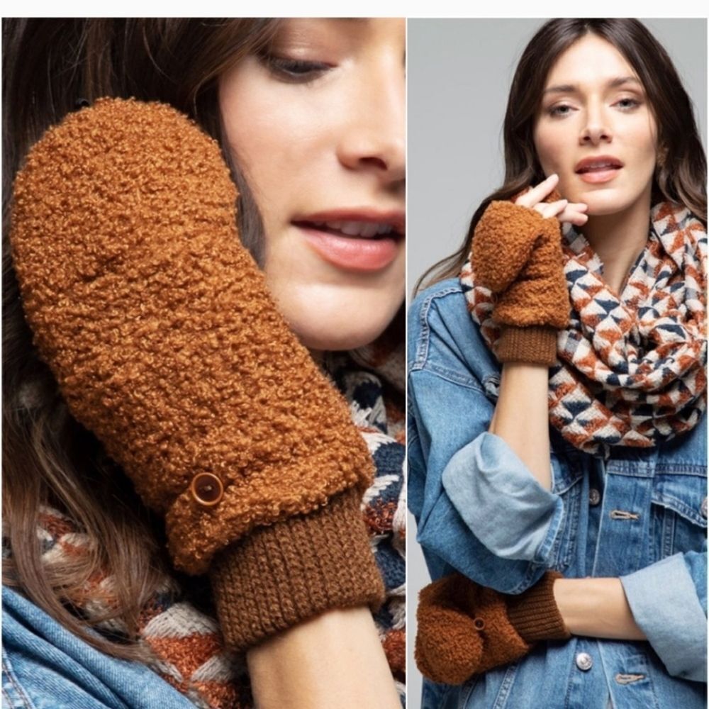 Camel popup button open soft Teddy mitten warm winter open finger mitten